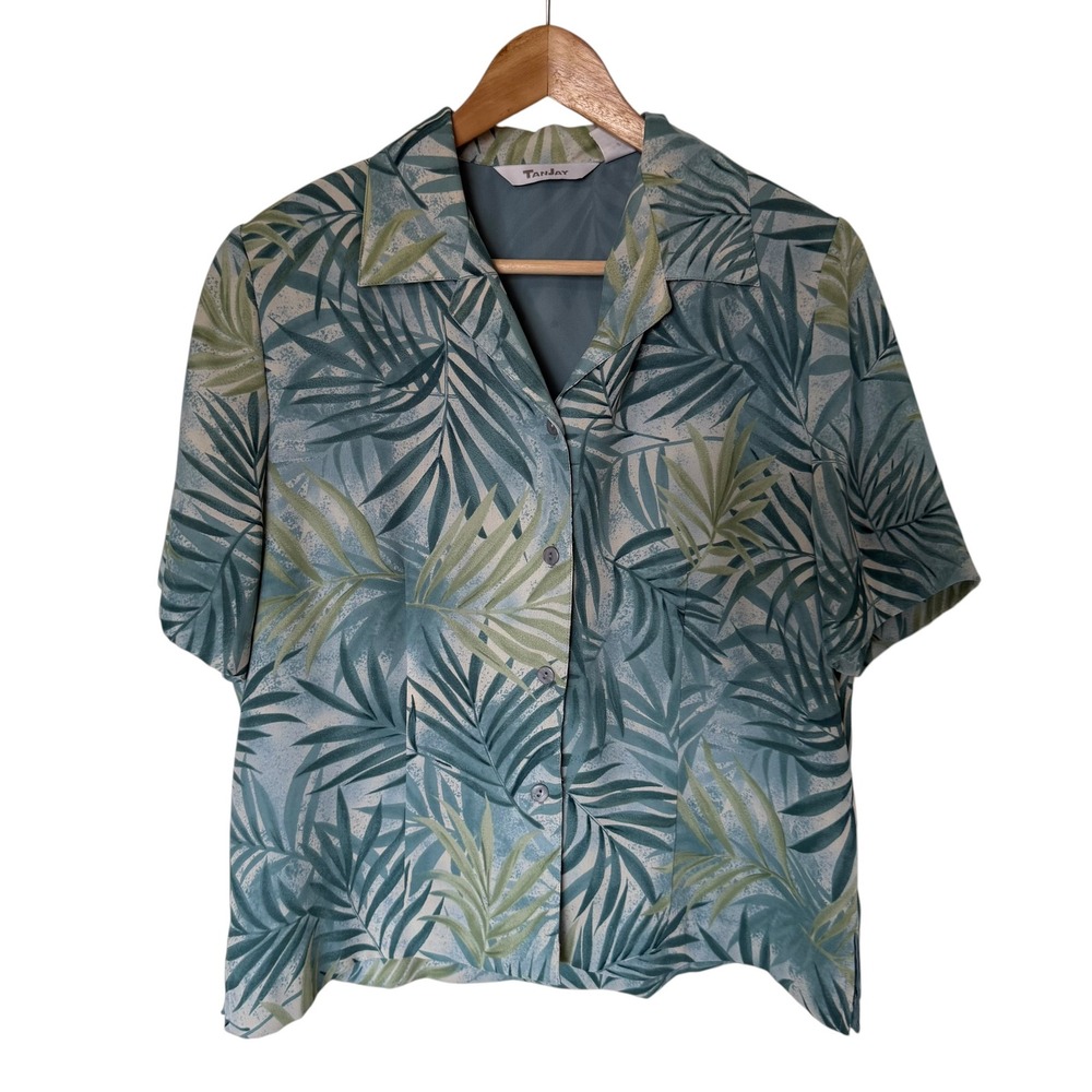 TanJay Tropical Palm Leaf Button Up Shirt Women 12 Blue Green vintage Coastal